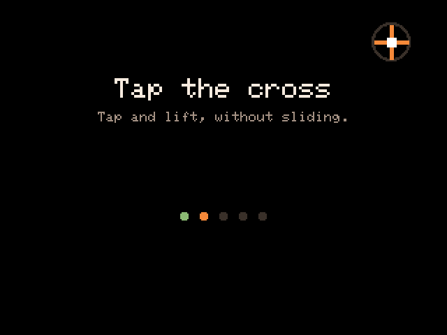Touch calibration: tap the cross, with dots showing progress through five targets.