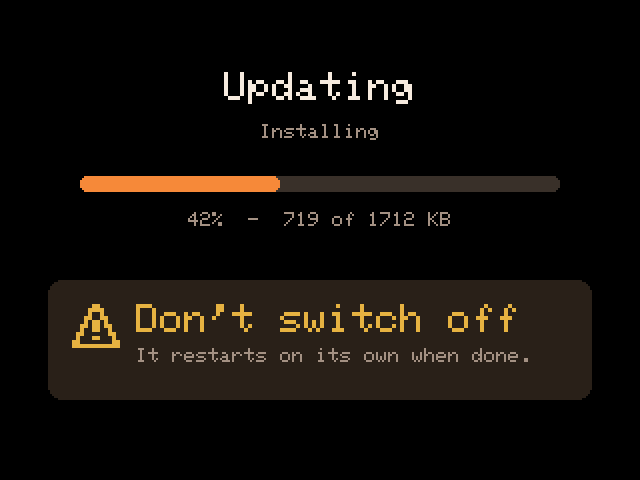 Updating: installing at 42 percent, and a warning not to switch off, because it restarts on its own when done.