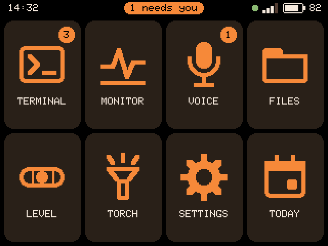 The launcher: eight tiles in the key pad's own four-by-two layout, with counts on TERMINAL and VOICE.