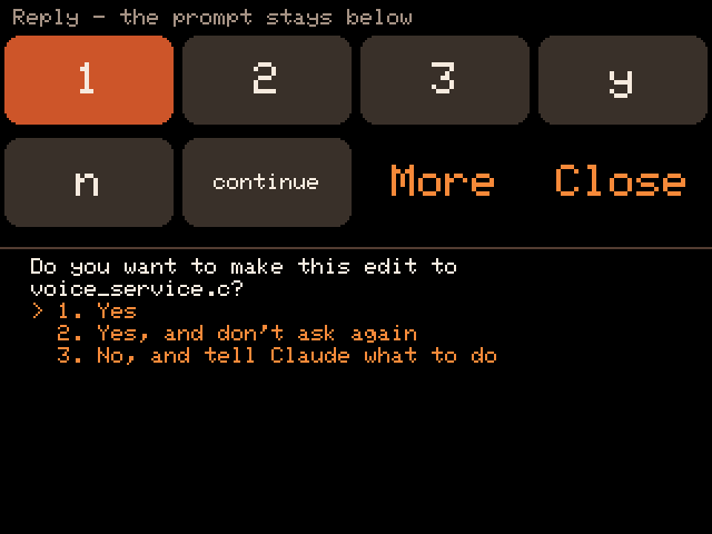 The reply sheet across the top half of the screen, with Claude Code's question still visible below it: make this edit to voice_service.c, yes, yes and don't ask again, or no.