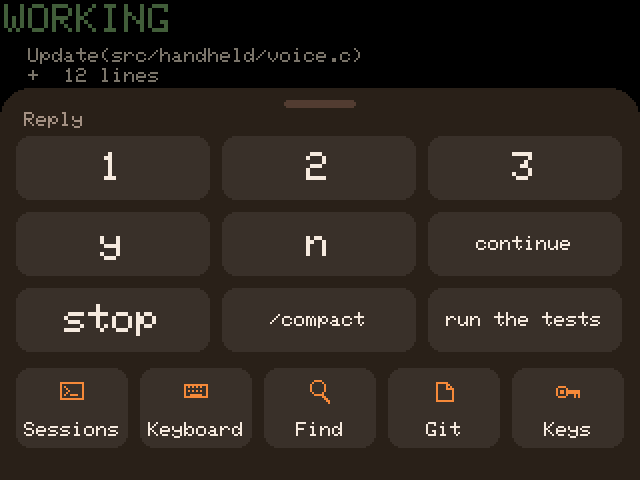 MENU over the live terminal: quick replies 1, 2, 3, y, n, continue, stop, /compact and run the tests, then Sessions, Keyboard, Find, Git and Keys.