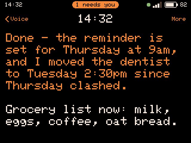 Hermes' answer on the handheld in large orange type, outcome first: the reminder is set for Thursday at 9am and the dentist moved to Tuesday, then the grocery list. Sample data.
