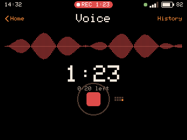 Recording at 1:23 with 20 seconds left, the waveform live and the status bar showing REC.