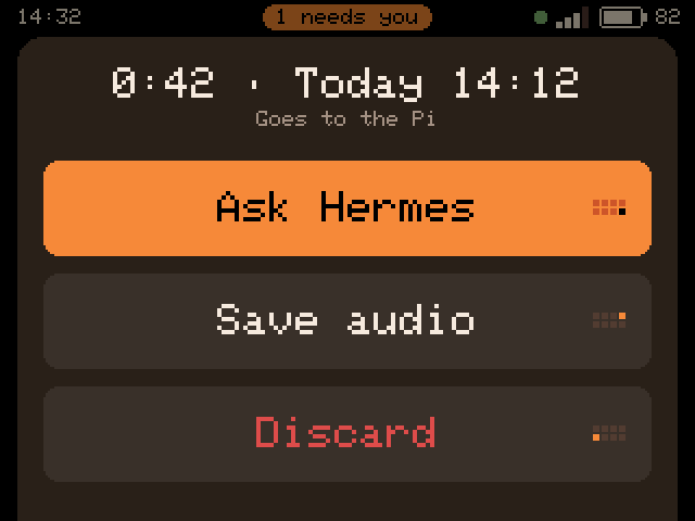After stopping: a 42-second take, with Ask Hermes, Save audio and Discard.