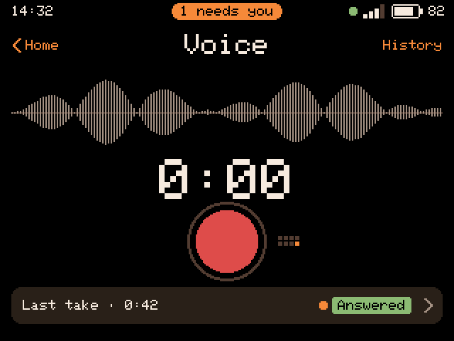VOICE ready to record: a waveform, 0:00, a red record button, and the last take marked Answered.